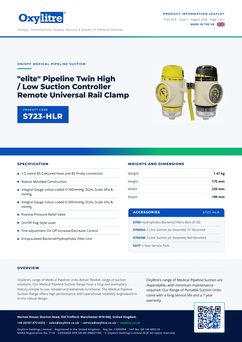 Front page of the Oxylitre S723-HLR product information leaflet