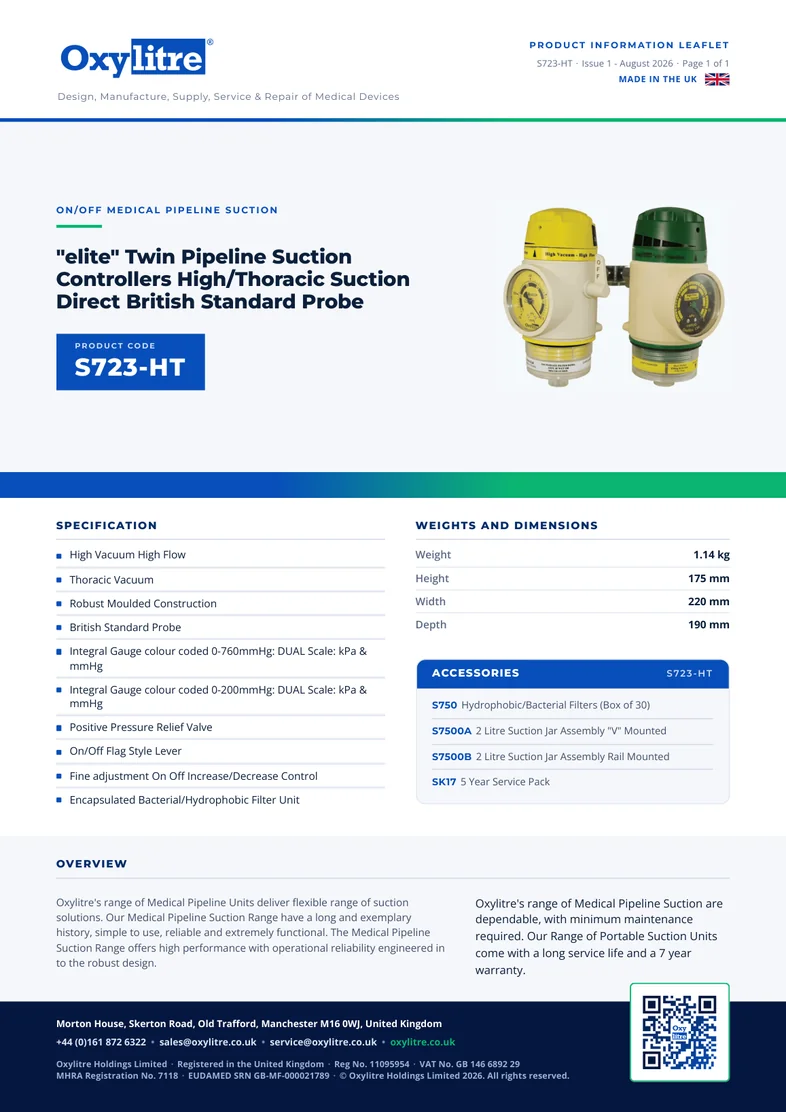 Front page of the Oxylitre S723-HT product information leaflet