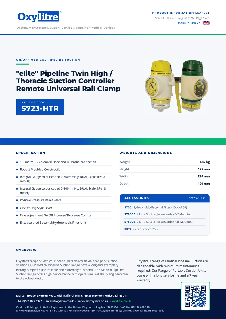 Front page of the Oxylitre S723-HTR product information leaflet