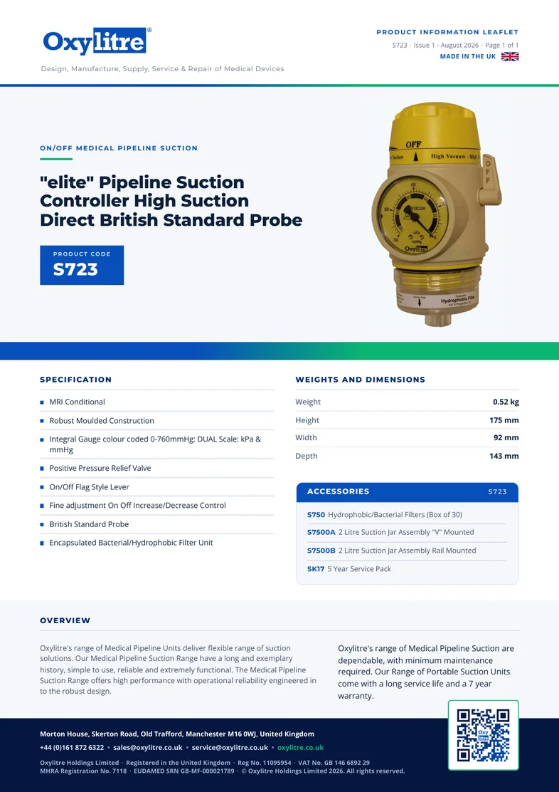 Front page of the Oxylitre S723 product information leaflet