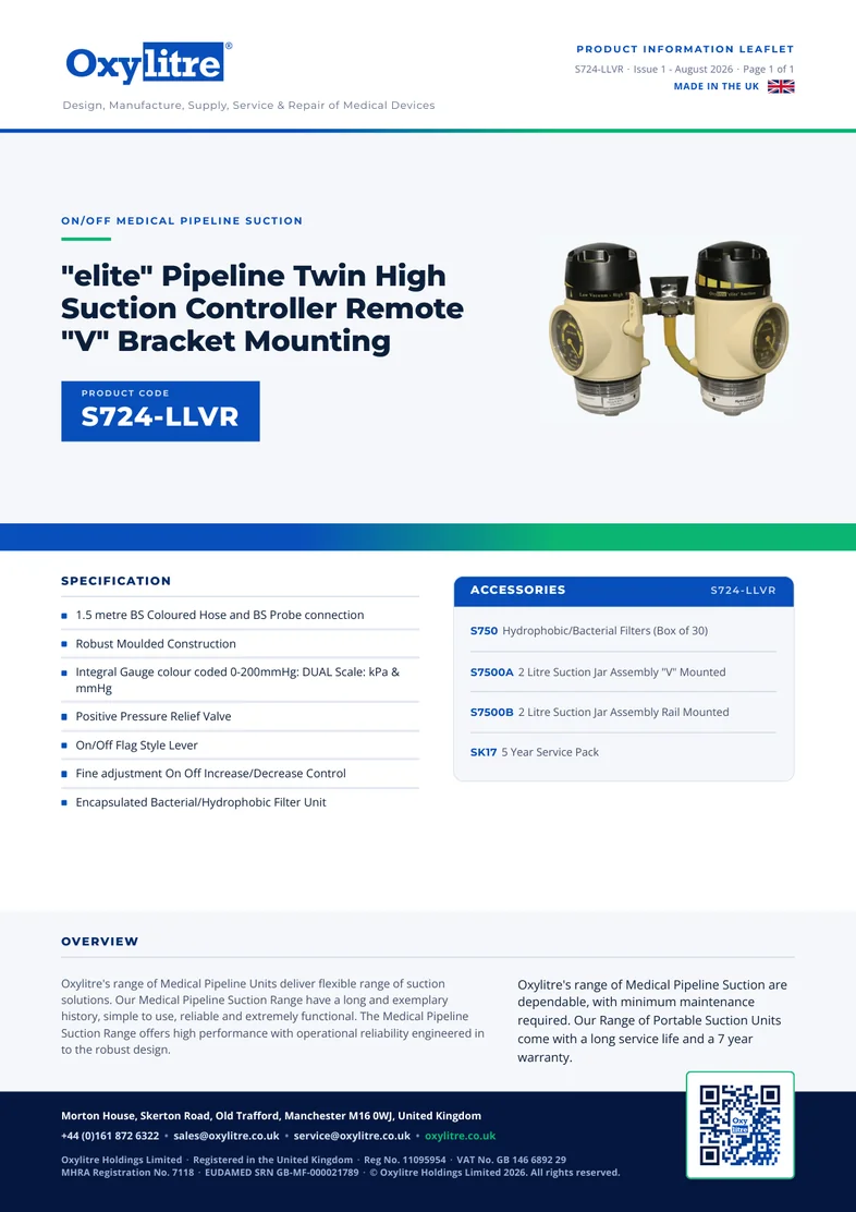 Front page of the Oxylitre S724-LLVR product information leaflet