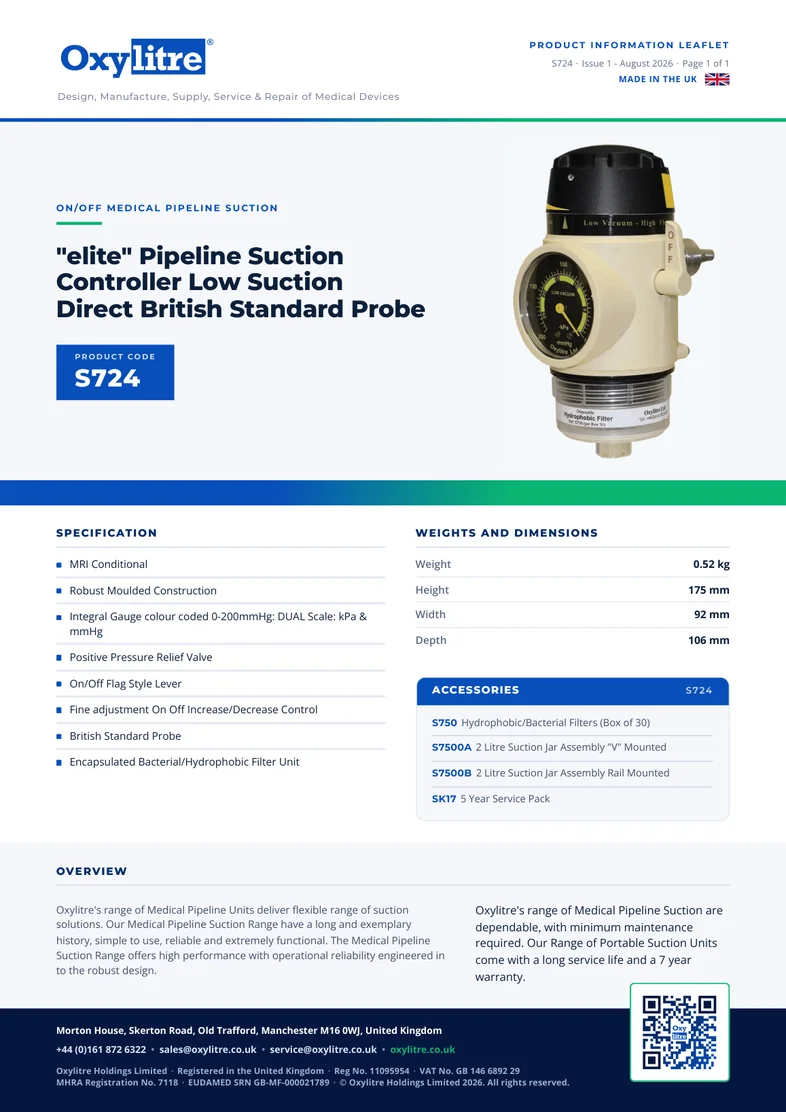 Front page of the Oxylitre S724 product information leaflet