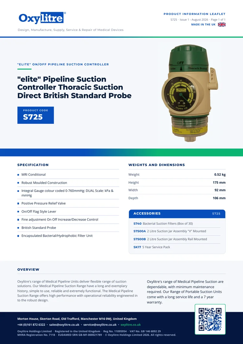 Front page of the Oxylitre S725 product information leaflet