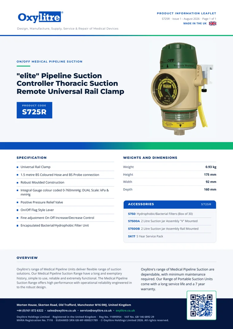 Front page of the Oxylitre S725R product leaflet