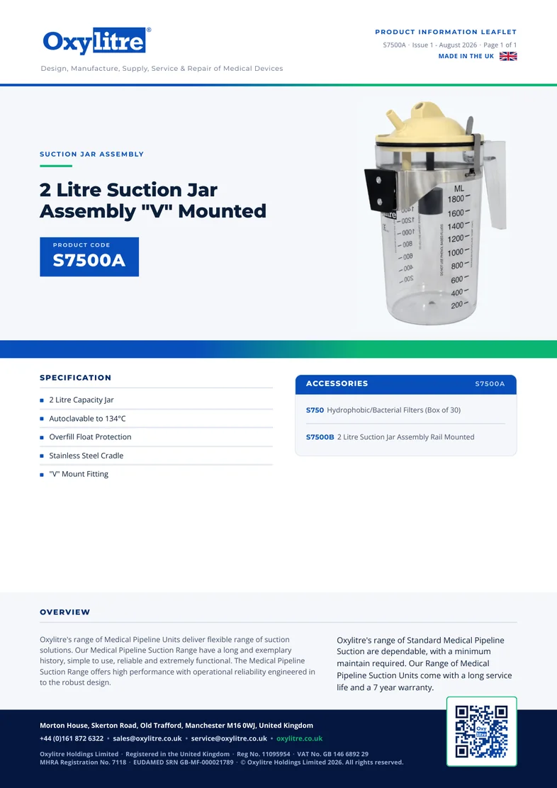 Front page of the Oxylitre S7500A product information leaflet