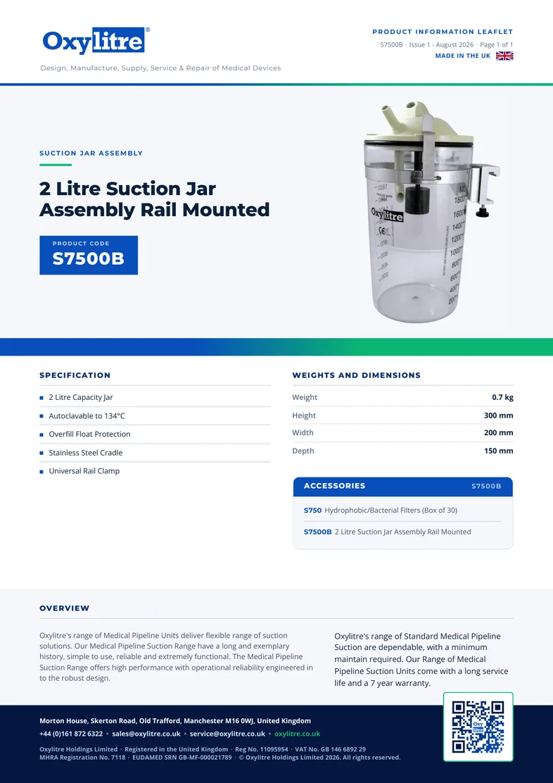 Front page of the Oxylitre S7500B product information leaflet