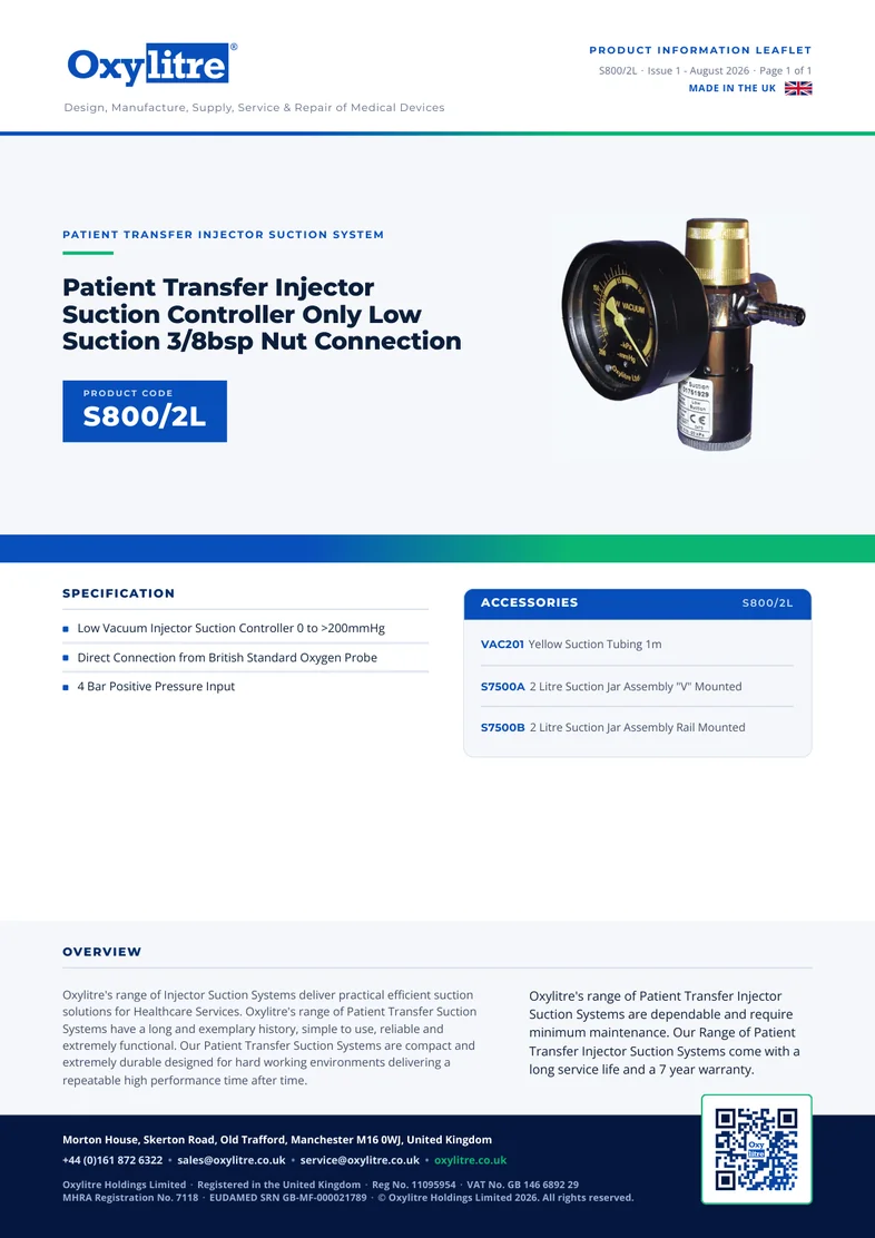 Front page of the Oxylitre S800-2L product leaflet