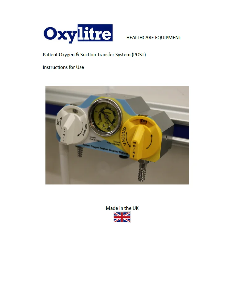 Front page of the Oxylitre S8000 patient oxygen and suction transfer system instructions for use