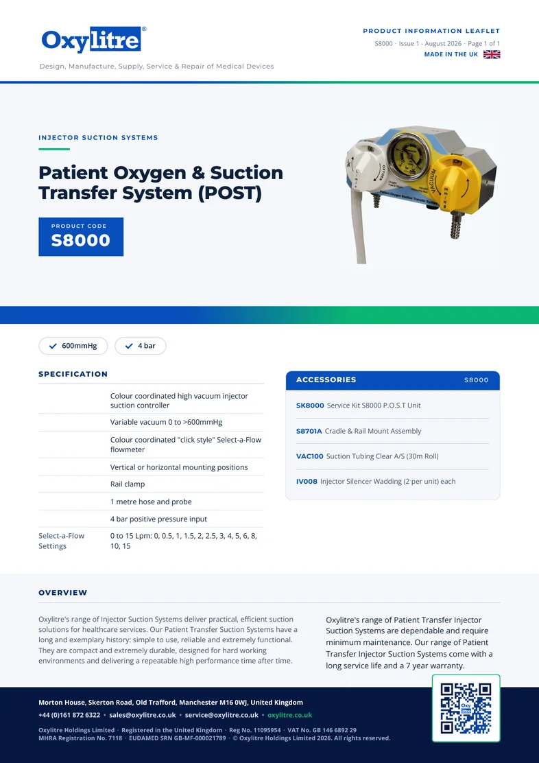 Front page of the Oxylitre S8000 product leaflet