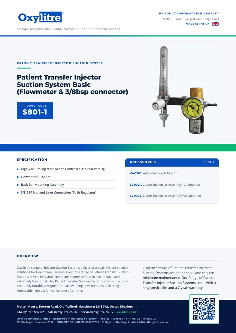 Front page of the Oxylitre S801-1 product information leaflet