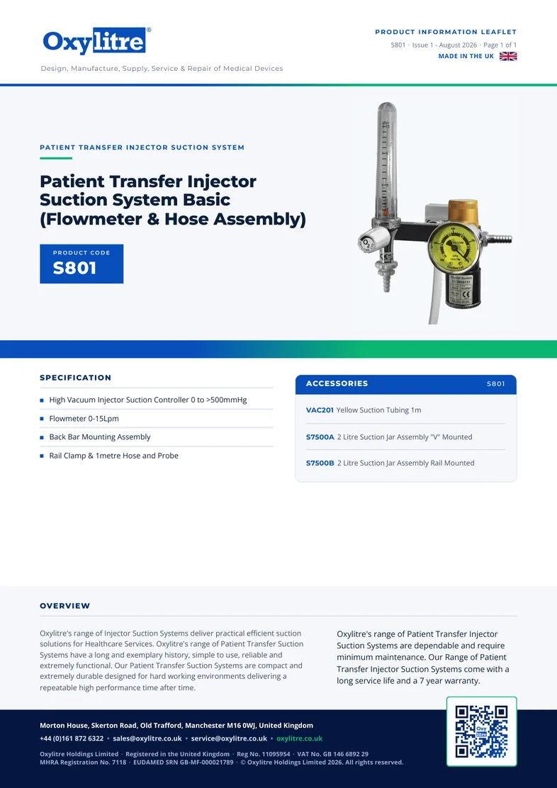 Front page of the Oxylitre S801 product information leaflet