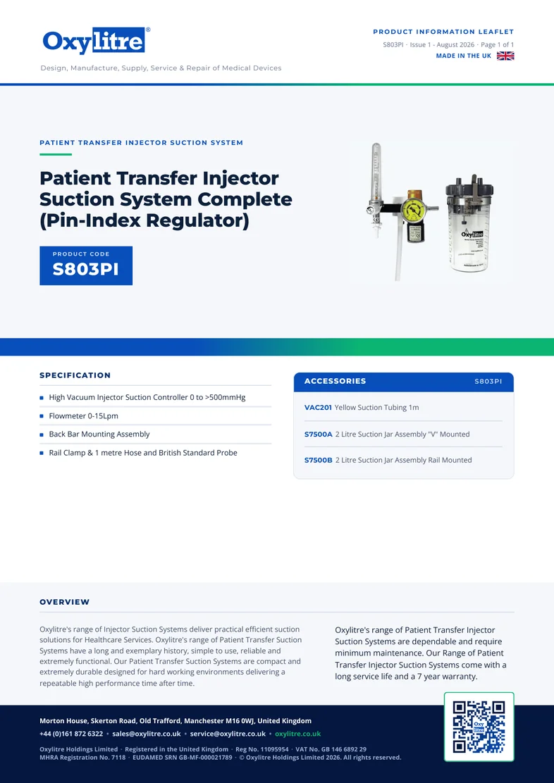 Front page of the Oxylitre S803PI product information leaflet