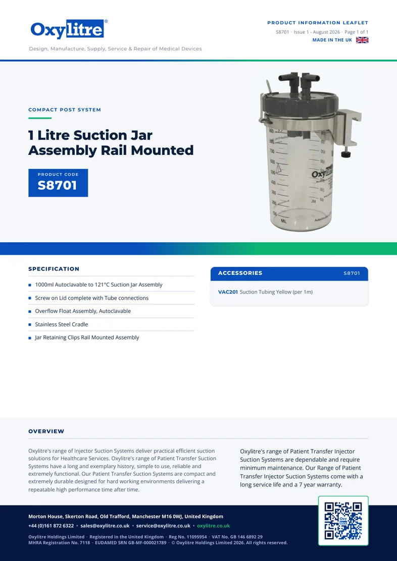 Front page of the Oxylitre S8701 product information leaflet