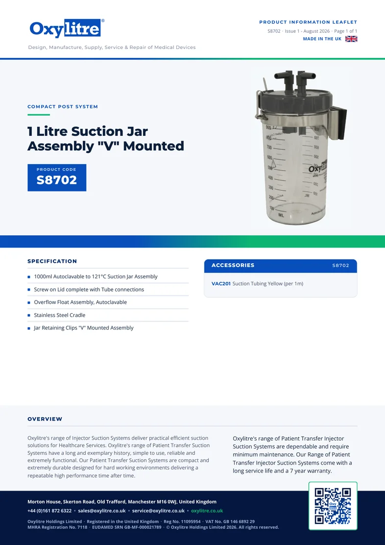 Front page of the Oxylitre S8702 product information leaflet