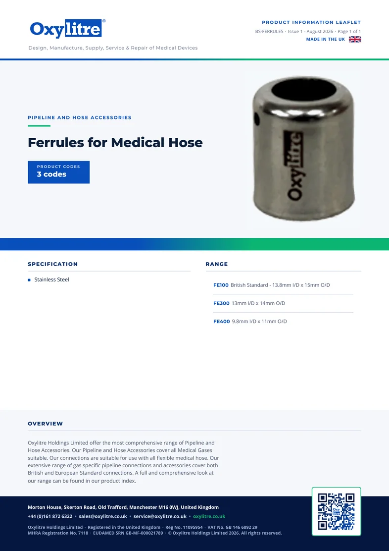 Front page of the Oxylitre Ferrules for Medical Hose product leaflet