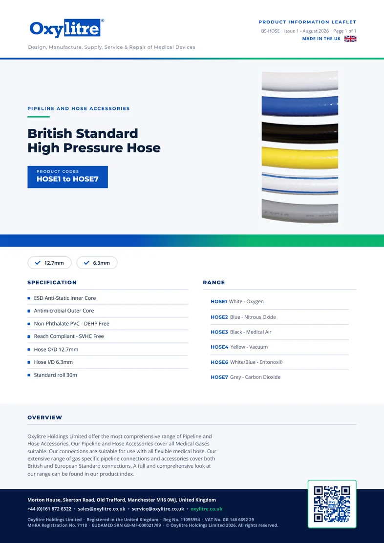 Front page of the Oxylitre British Standard High Pressure Hose product information leaflet