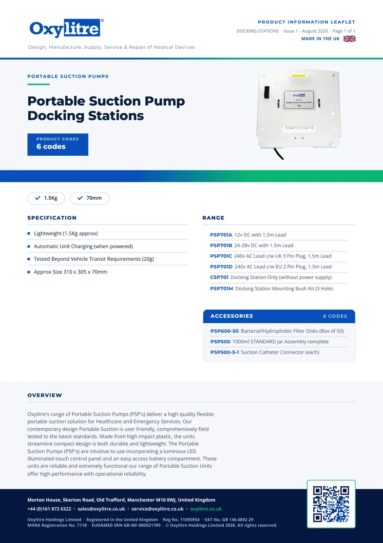 Front page of the Oxylitre Portable Suction Pump Docking Stations product leaflet