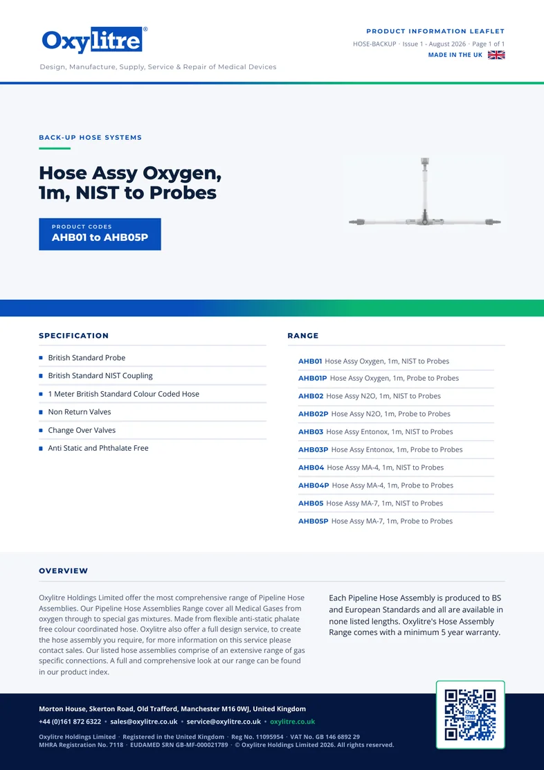 Front page of the Oxylitre Back-Up Hose Systems product information leaflet