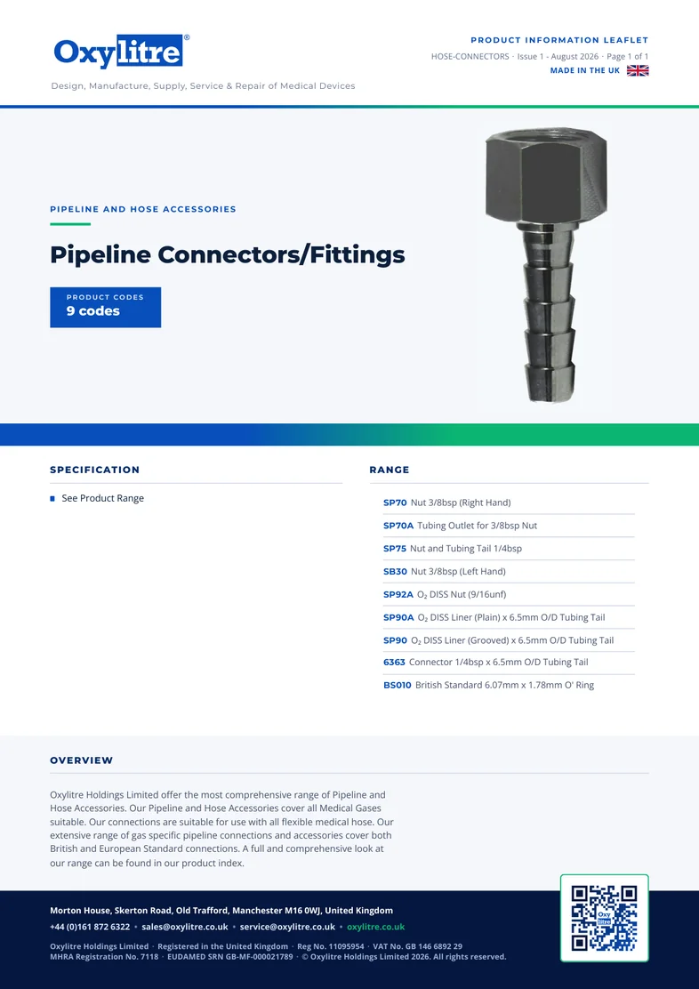 Front page of the Oxylitre Pipeline Connectors/Fittings product information leaflet