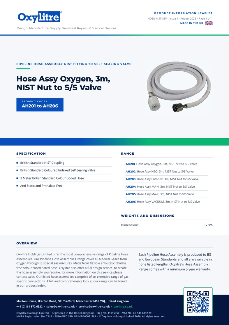 Front page of the Oxylitre NIST Fitting to Self Sealing Valve product information leaflet