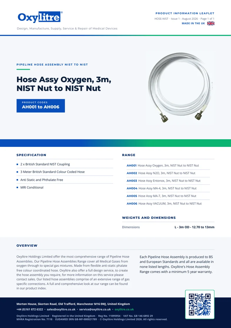 Front page of the Oxylitre NIST to NIST product information leaflet