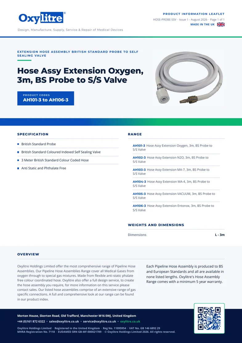 Front page of the Oxylitre BS Probe to Self Sealing Valve product information leaflet