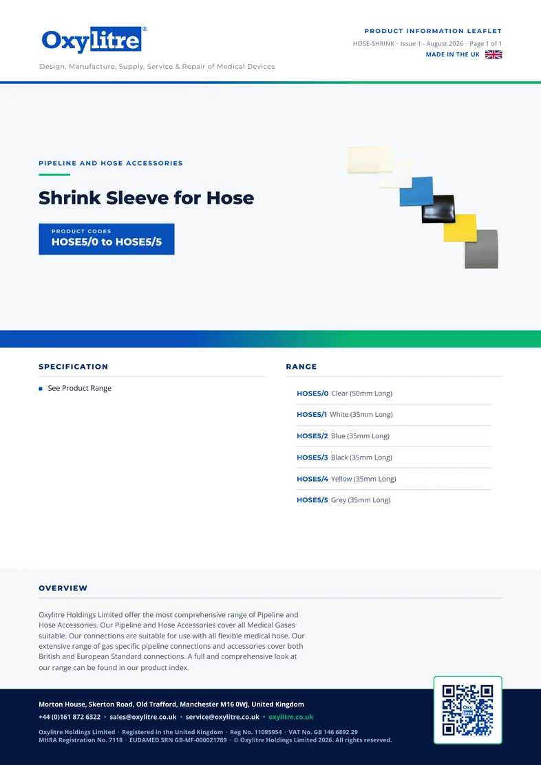 Front page of the Oxylitre Shrink Sleeve for Hose product information leaflet