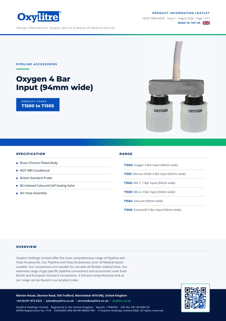 Front page of the Oxylitre Complete with Hose Assembly product information leaflet