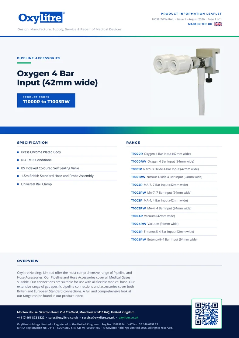 Front page of the Oxylitre Rail Mounted with Hose Assembly product information leaflet
