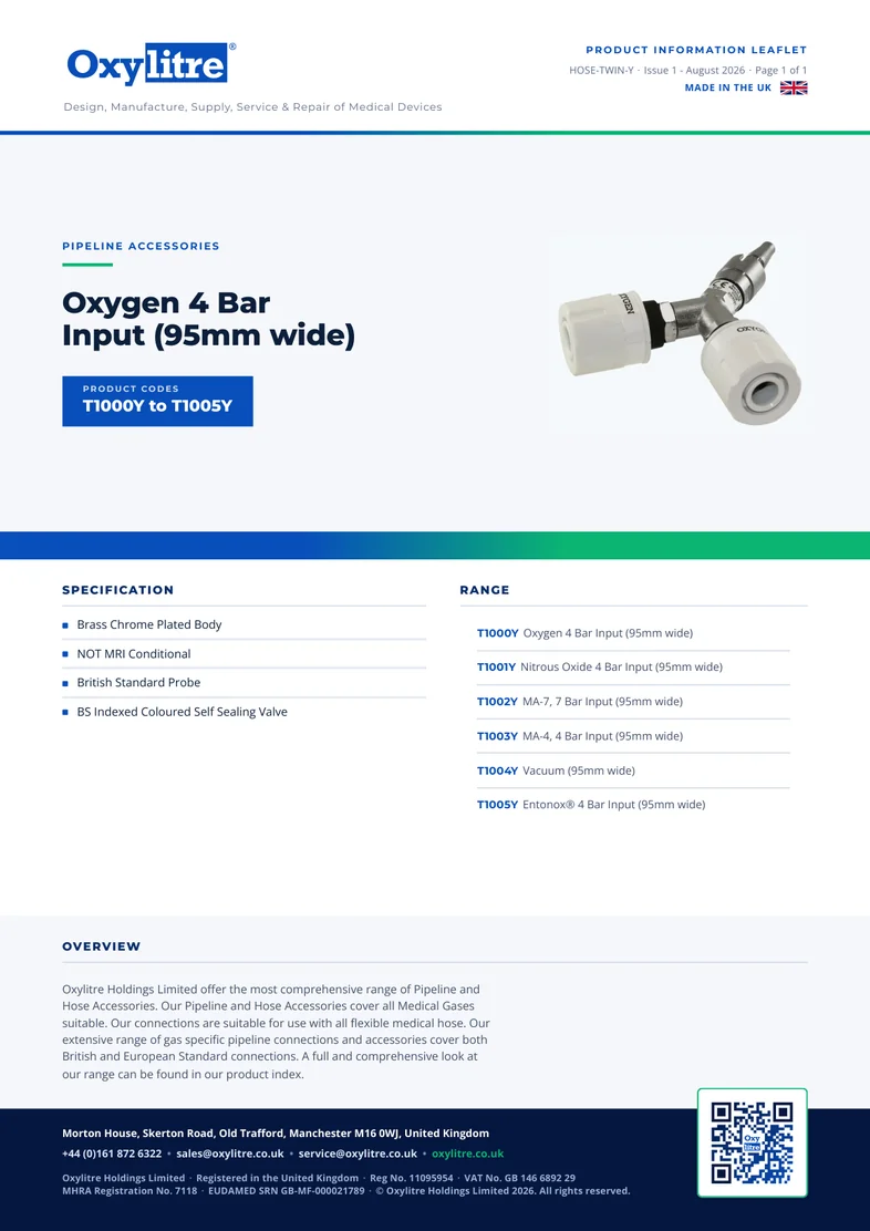Front page of the Oxylitre 'Y' Configuration product information leaflet