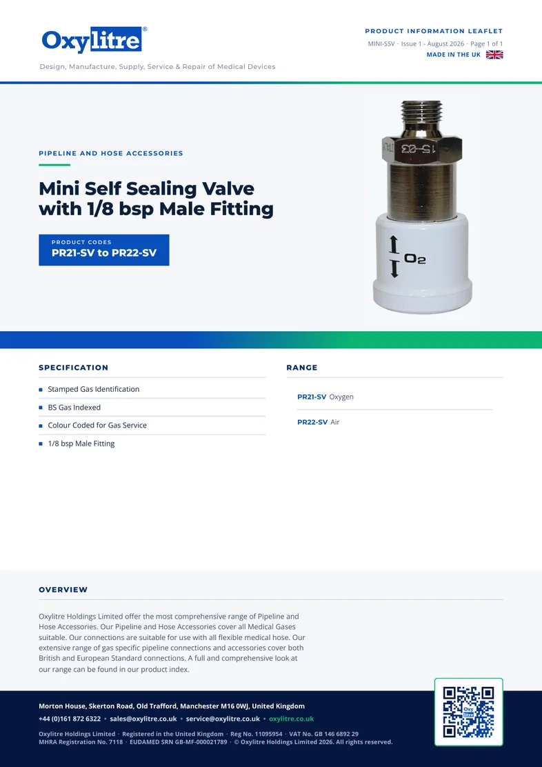 Front page of the Oxylitre Mini Self Sealing Valve with 1/8 bsp Male Fitting product leaflet