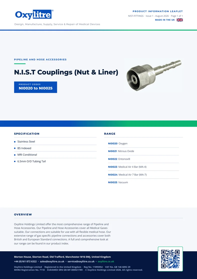Front page of the Oxylitre N.I.S.T Couplings (Nut & Liner) product information leaflet