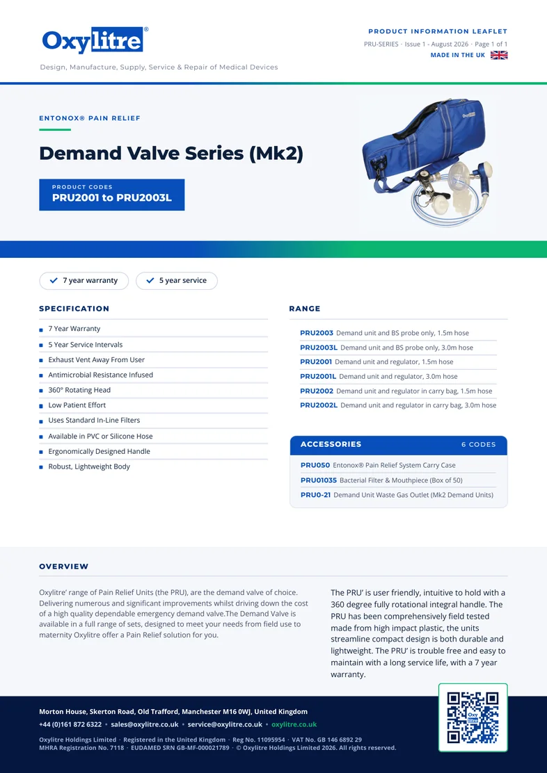 Front page of the Oxylitre PRU Series Demand Valves product information leaflet