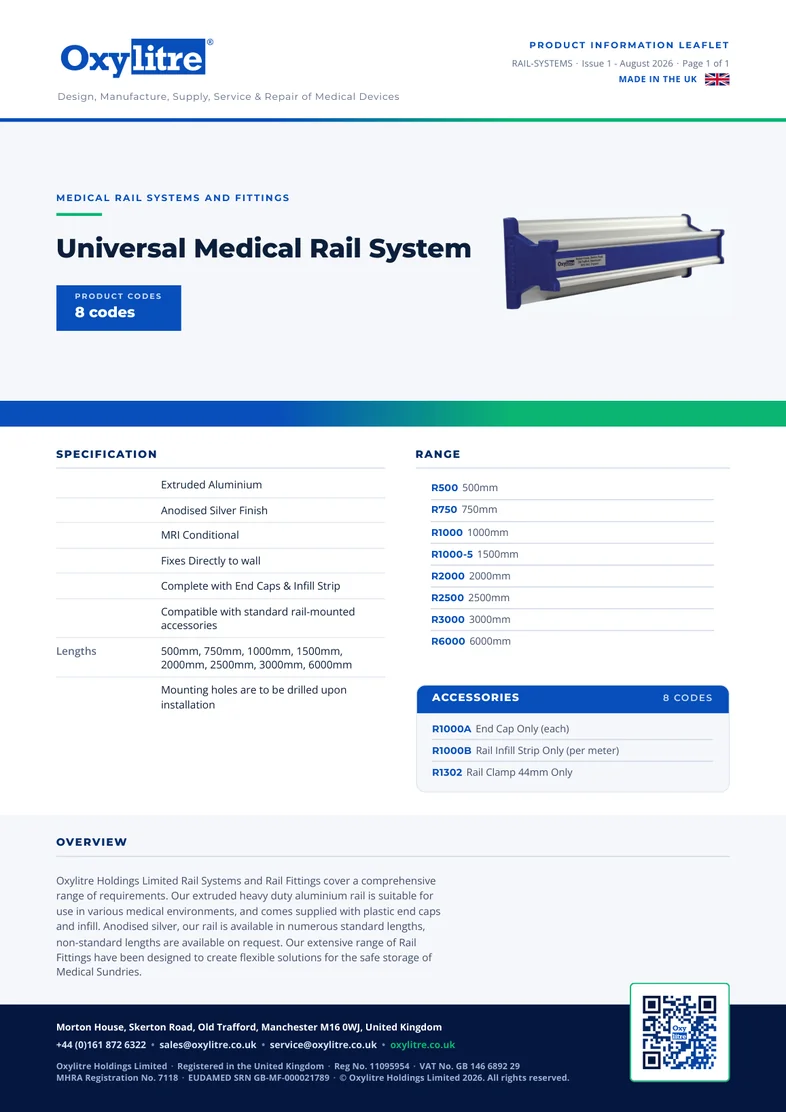 Front page of the Oxylitre Medical Rail Systems product leaflet