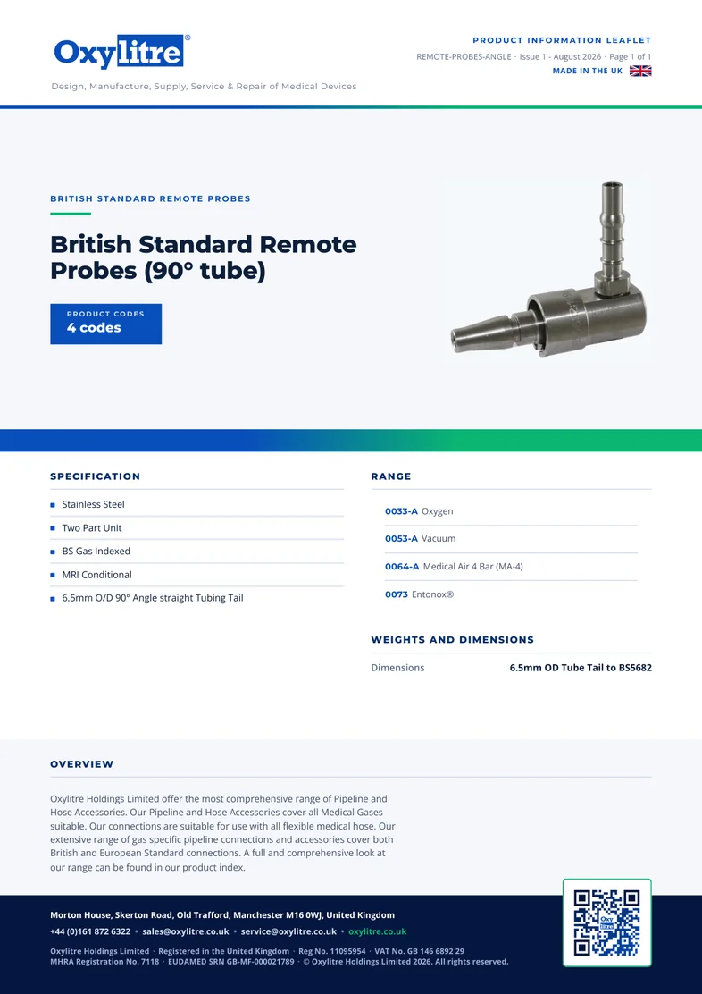 Front page of the Oxylitre Remote Probe - 90 Degree product leaflet