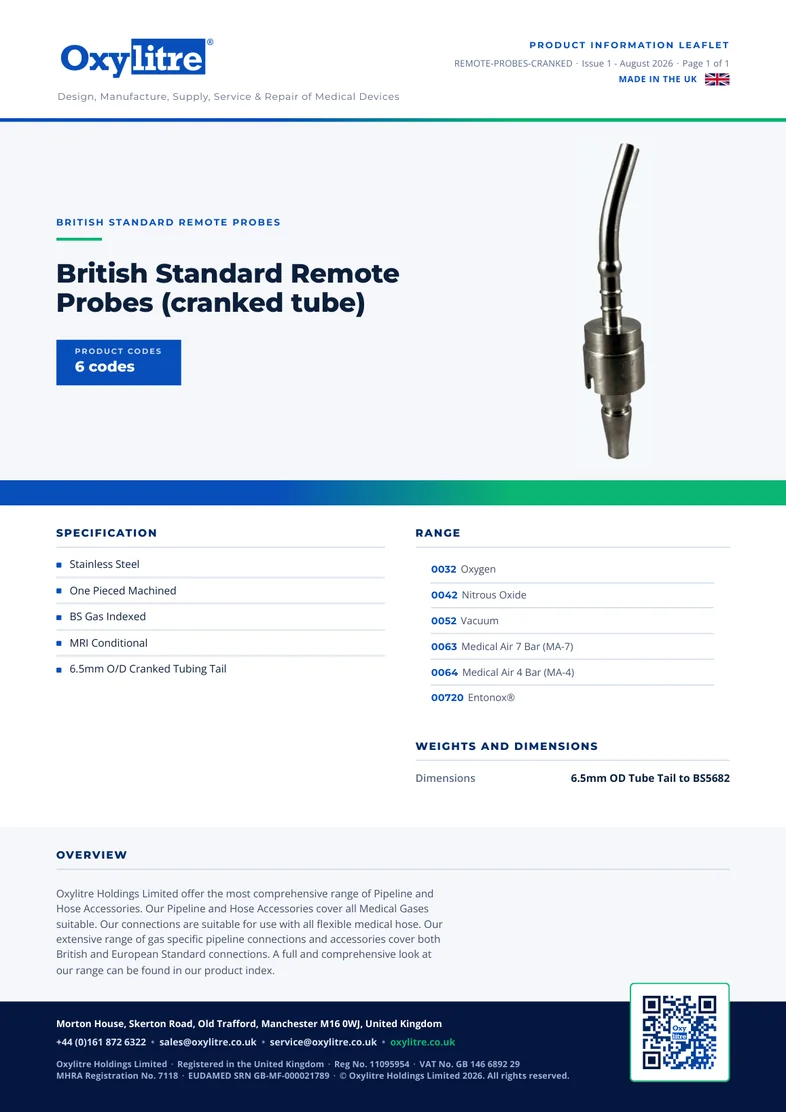 Front page of the Oxylitre Remote Probe - Cranked product leaflet