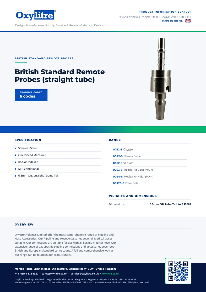 Front page of the Oxylitre Remote Probe - Straight product leaflet