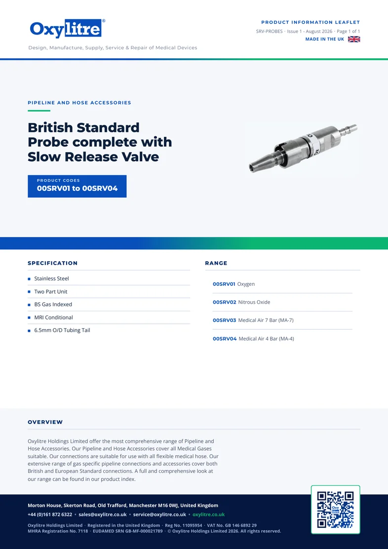 Front page of the Oxylitre British Standard Probe complete with Slow Release Valve product information leaflet