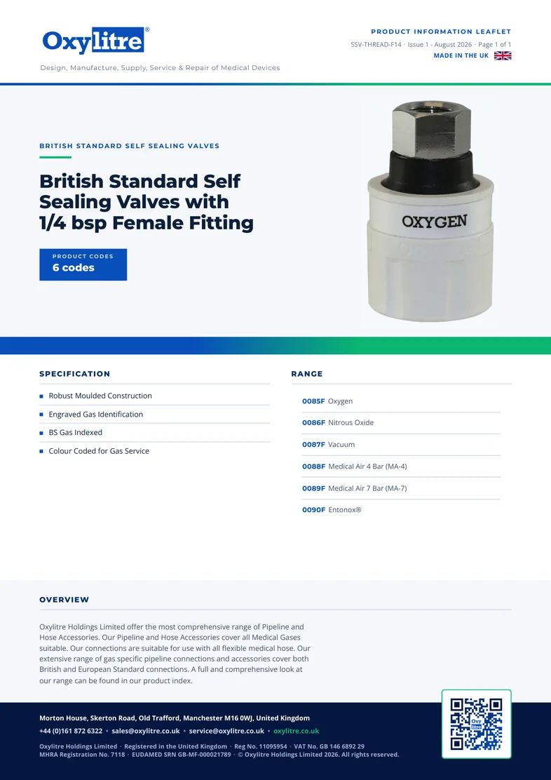 Front page of the Oxylitre SSV 1/4" Female product information leaflet