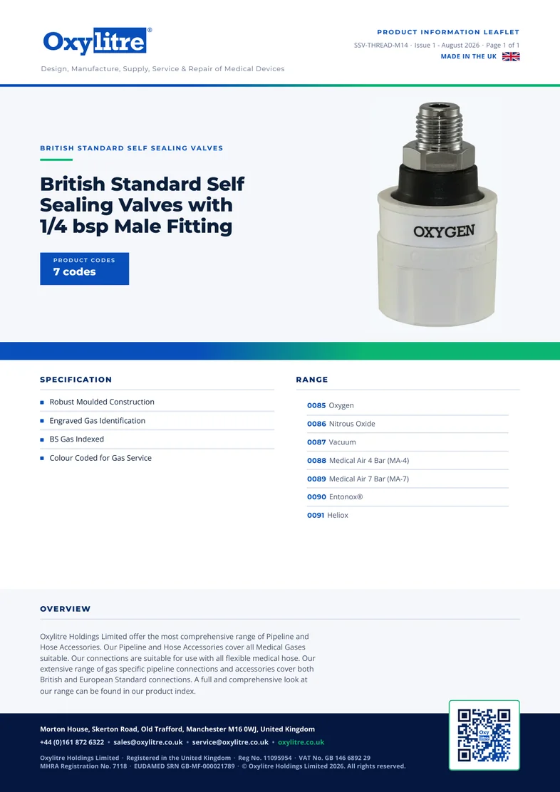 Front page of the Oxylitre SSV 1/4" Male product information leaflet