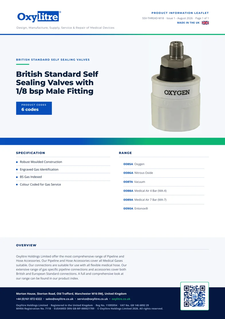 Front page of the Oxylitre SSV 1/8" Male product information leaflet