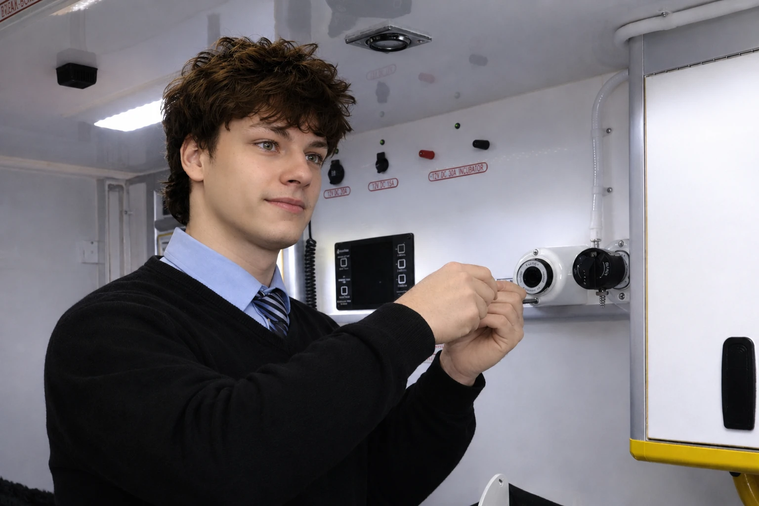 An Oxylitre engineer servicing an oxygen terminal outlet inside an ambulance