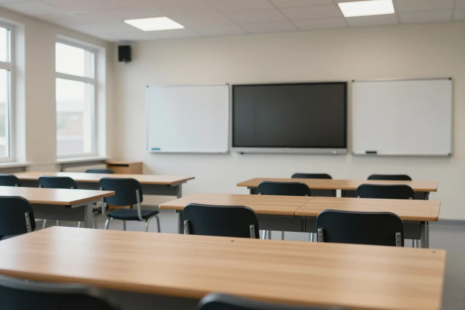 A training classroom set out with rows of desks facing whiteboards and a large display screen